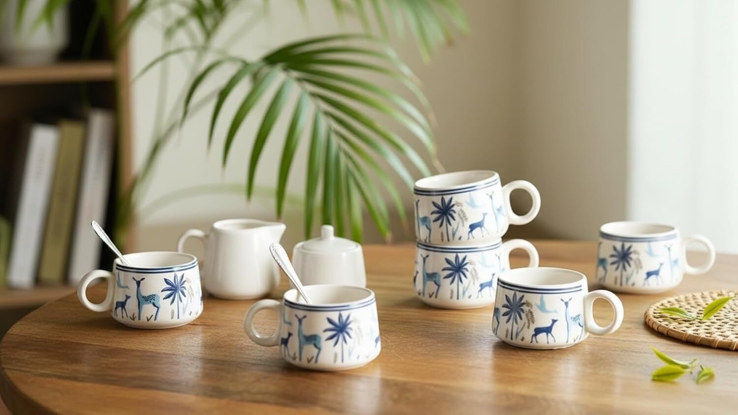 edencart Pack of 4 Ceramic Premium Blue Deer Cup Set of 6| 150ml each, Tea & Coffe Cup For Home & Kitchen-picture-4