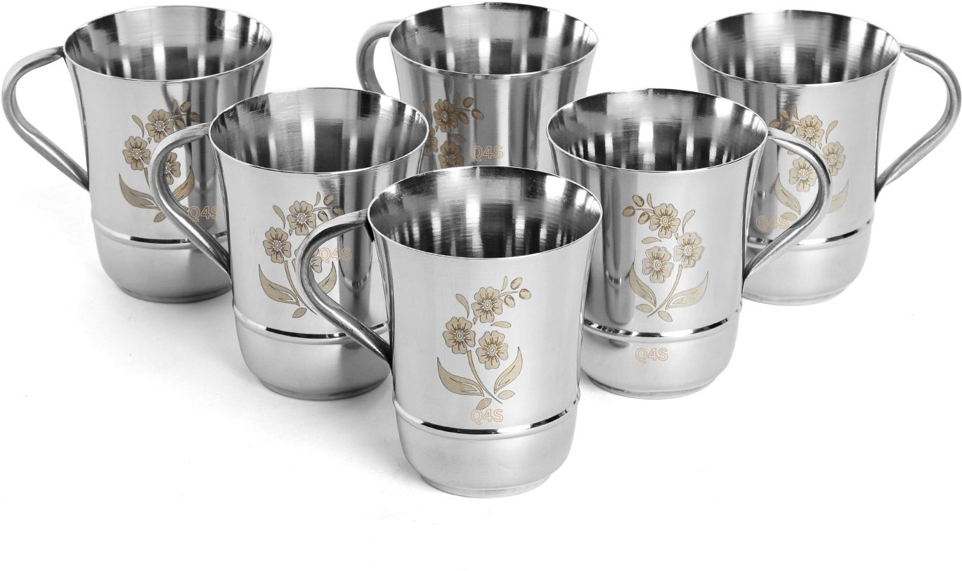 Pack of 6 Stainless Steel Steel Cups for Tea Stainless Steel Cup Set of 6 - 175 ml Floral Laser Design-image-6