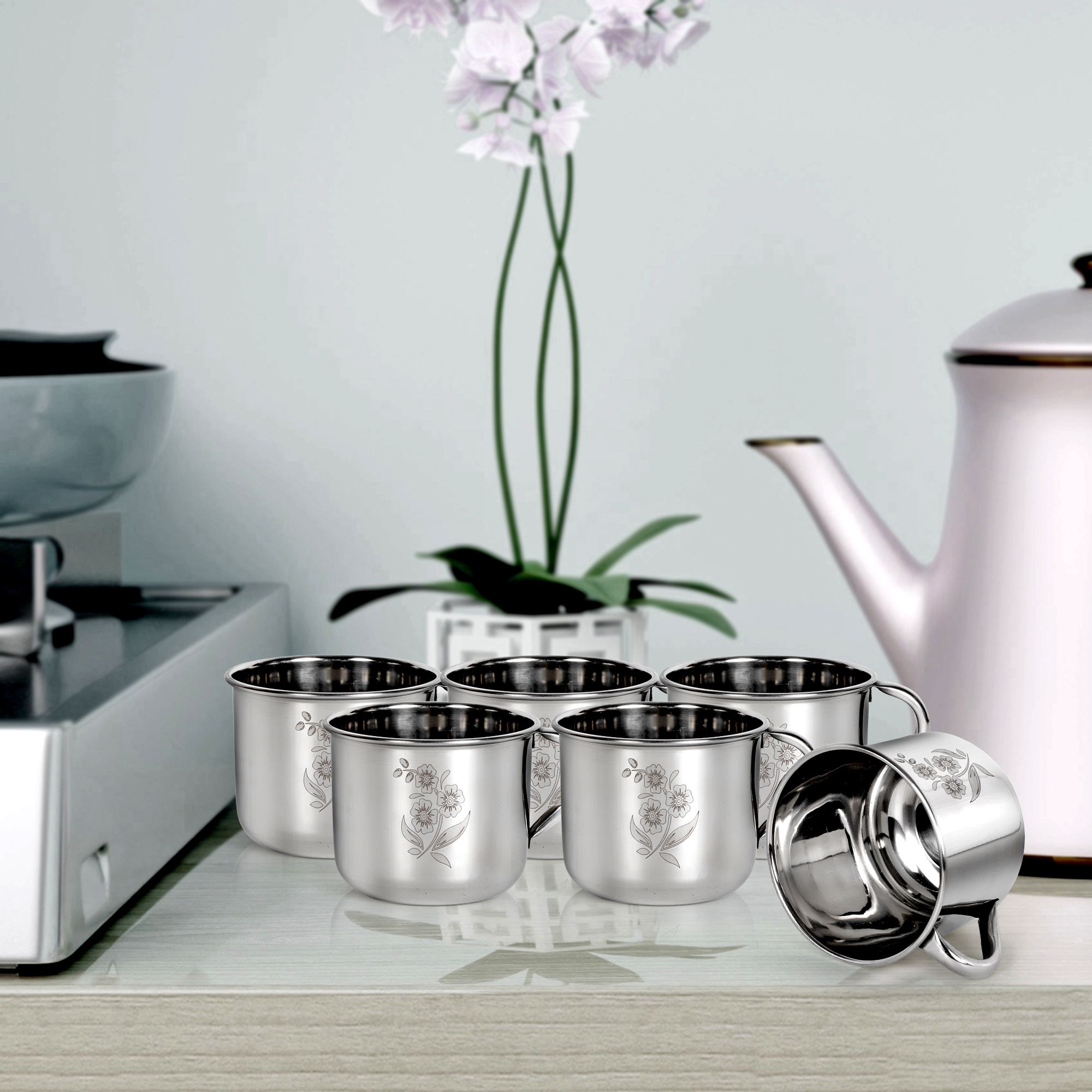 Pack of 6 Stainless Steel Premium Cup For Tea , Milk , Coffee , Hot drinks of 140 ml Floral Design-image-21