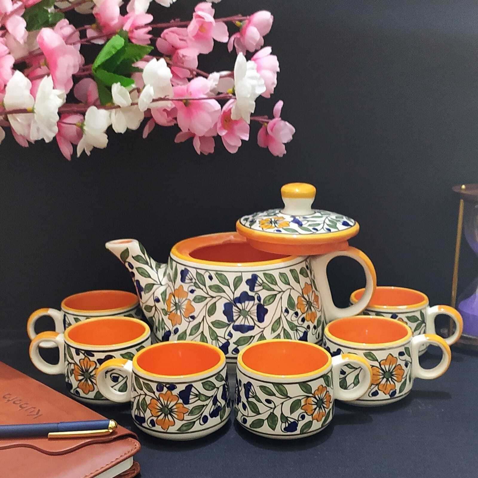 Ceramic Mughal Tea set with kettle ( pack of 6 cup and 1 kettle)-image-11