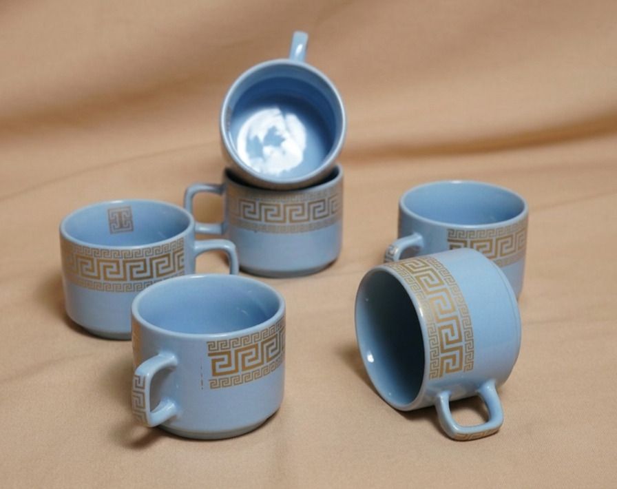 thekanikadecor Pack of 6 Ceramic Elegant Blue and Gold Greek Key cup Set-picture-10