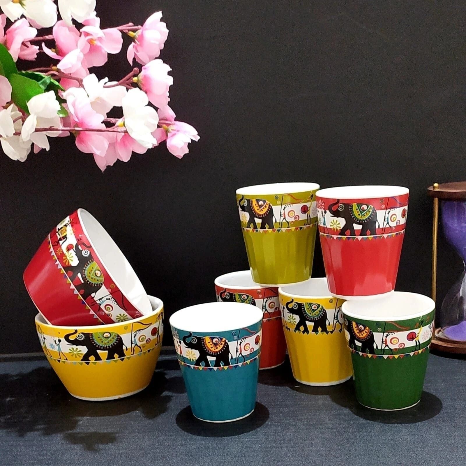 aav world Ceramic HAND PRINTED GLASS SET WITH BOWL IN MULTICOLOUR-picture-16