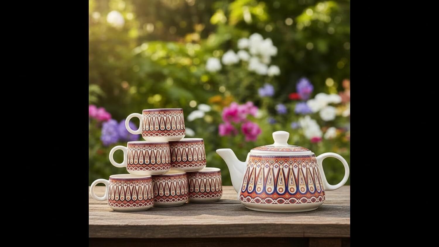 edencart Pack of 6 Ceramic Premium Ethnic Ceramic Tea Set, 1 Kettle (950ml) & 6 Cups (150ml Each)-picture-5