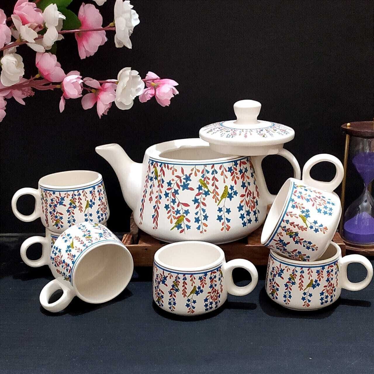 aav world Ceramic TOTA MAINA Tea set with kettle ( pack of 6 cup and 1 kettle)-picture-11