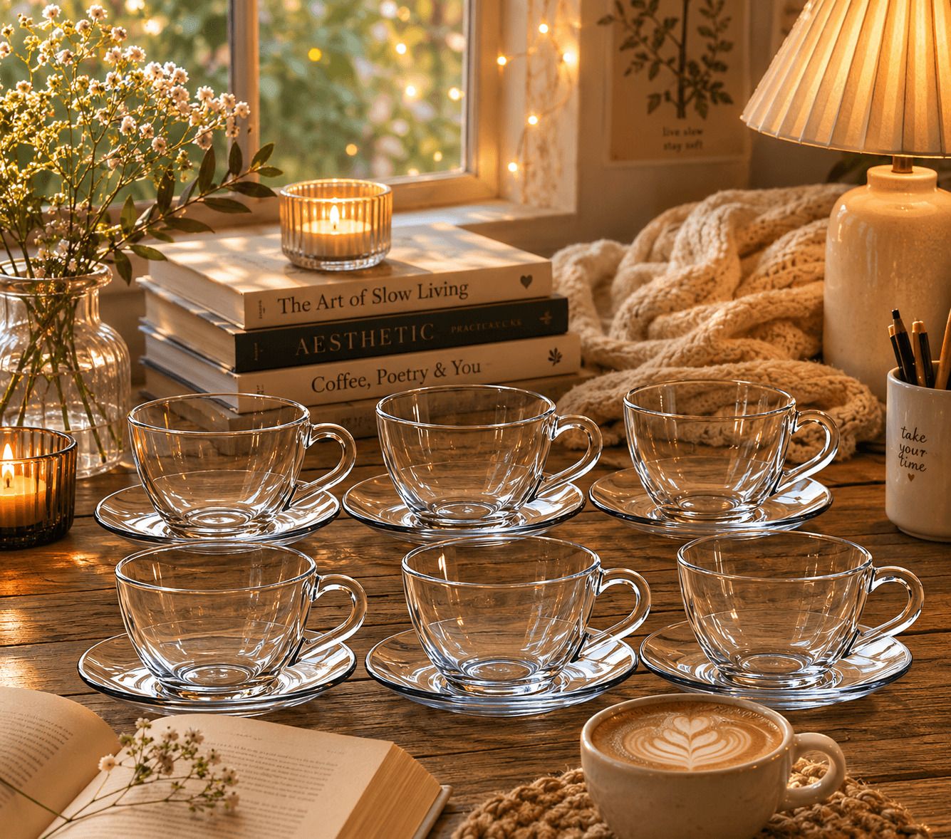 s1store Pack of 12 Glass Glass Cup and Saucer Set 6 Cups 6 Saucers Clear Tea Coffee Serving Model 1-picture-14