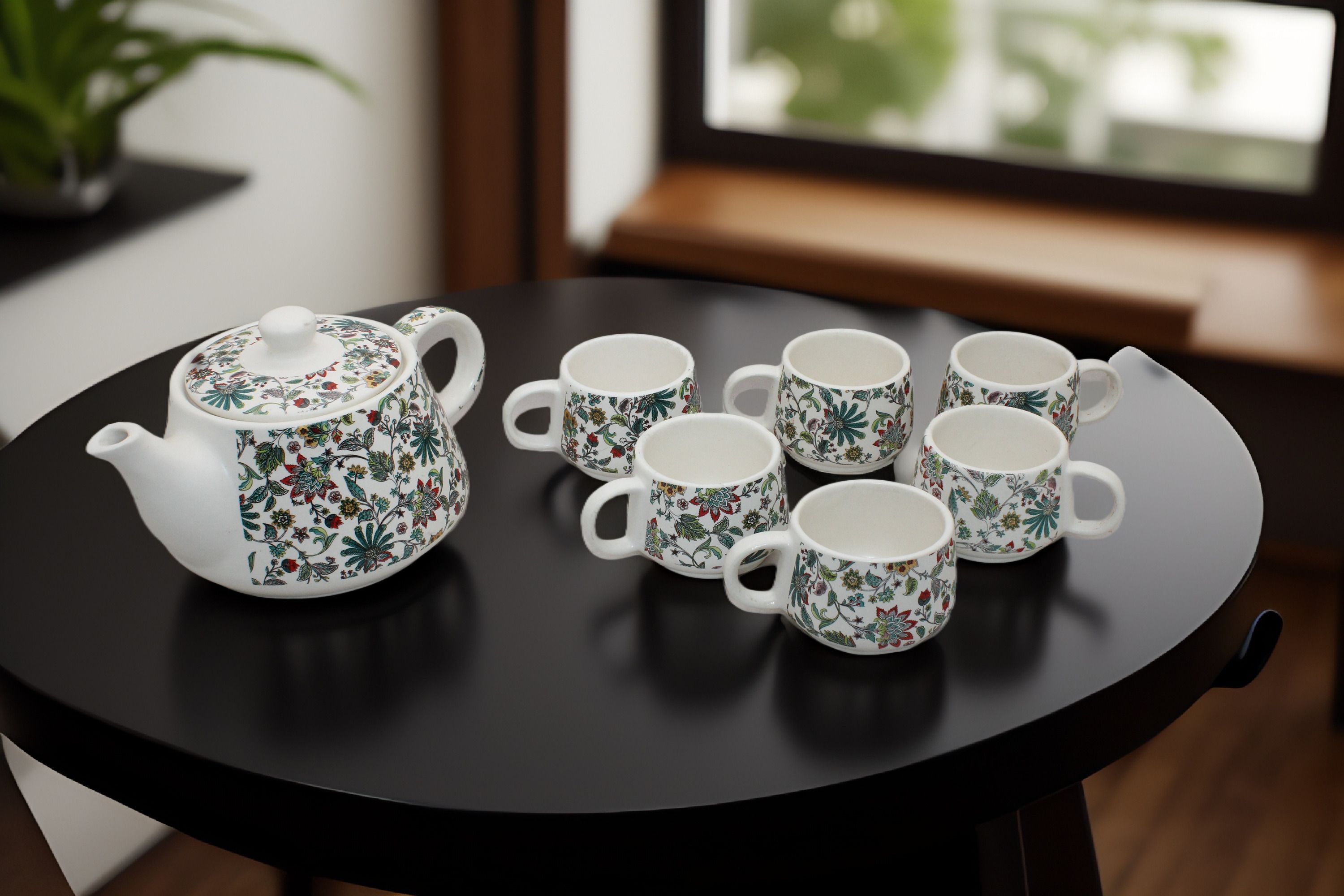 laghima jadon Pack of 6 Ceramic Coffee Tea Kettle Chai Cups set Floral Pattern Print 1 Kettle 875 ML 6 cup 125ML-picture-37
