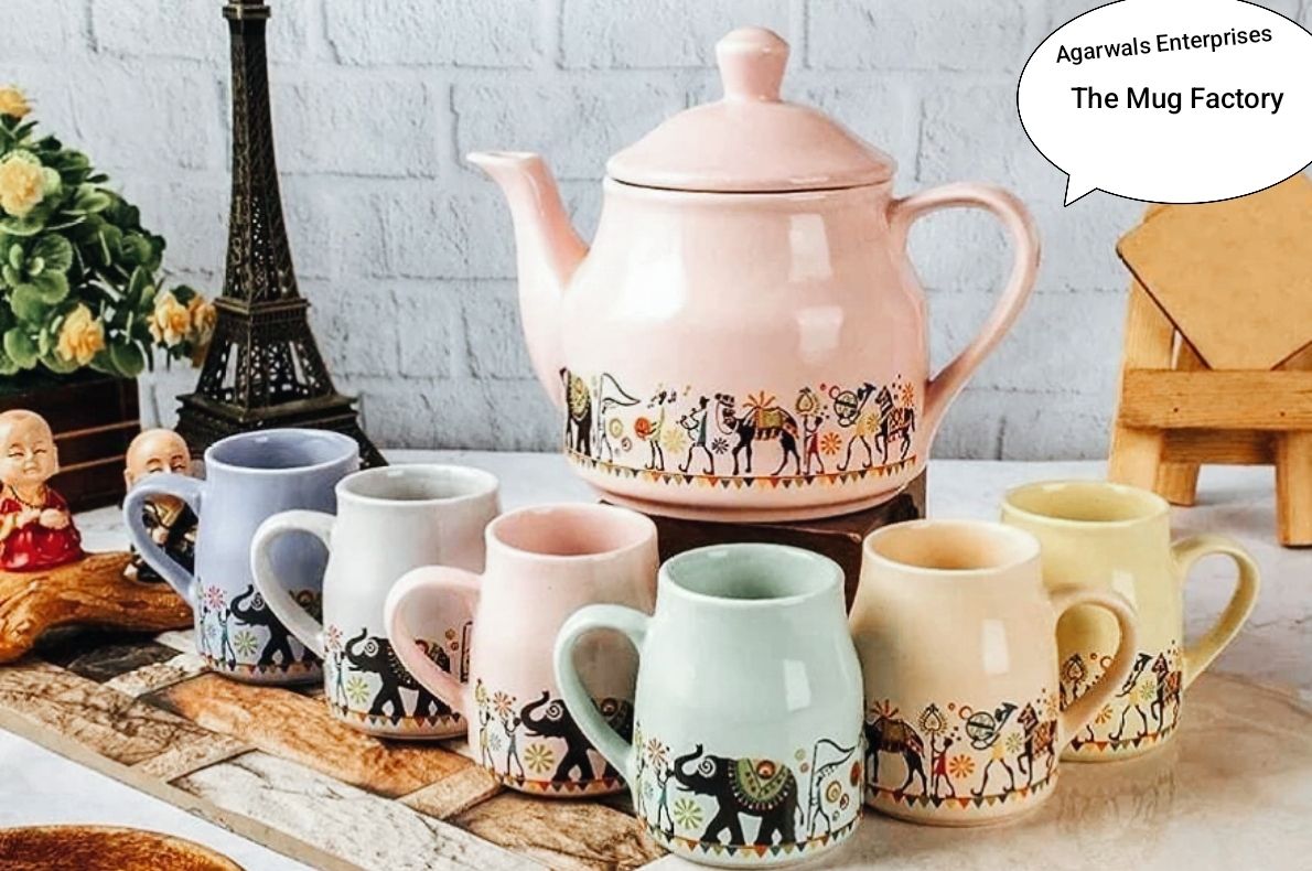 Pack of 7 Ceramic Ceramic Flask Shape Animal Printed 6 Cups with Katli Pot Set