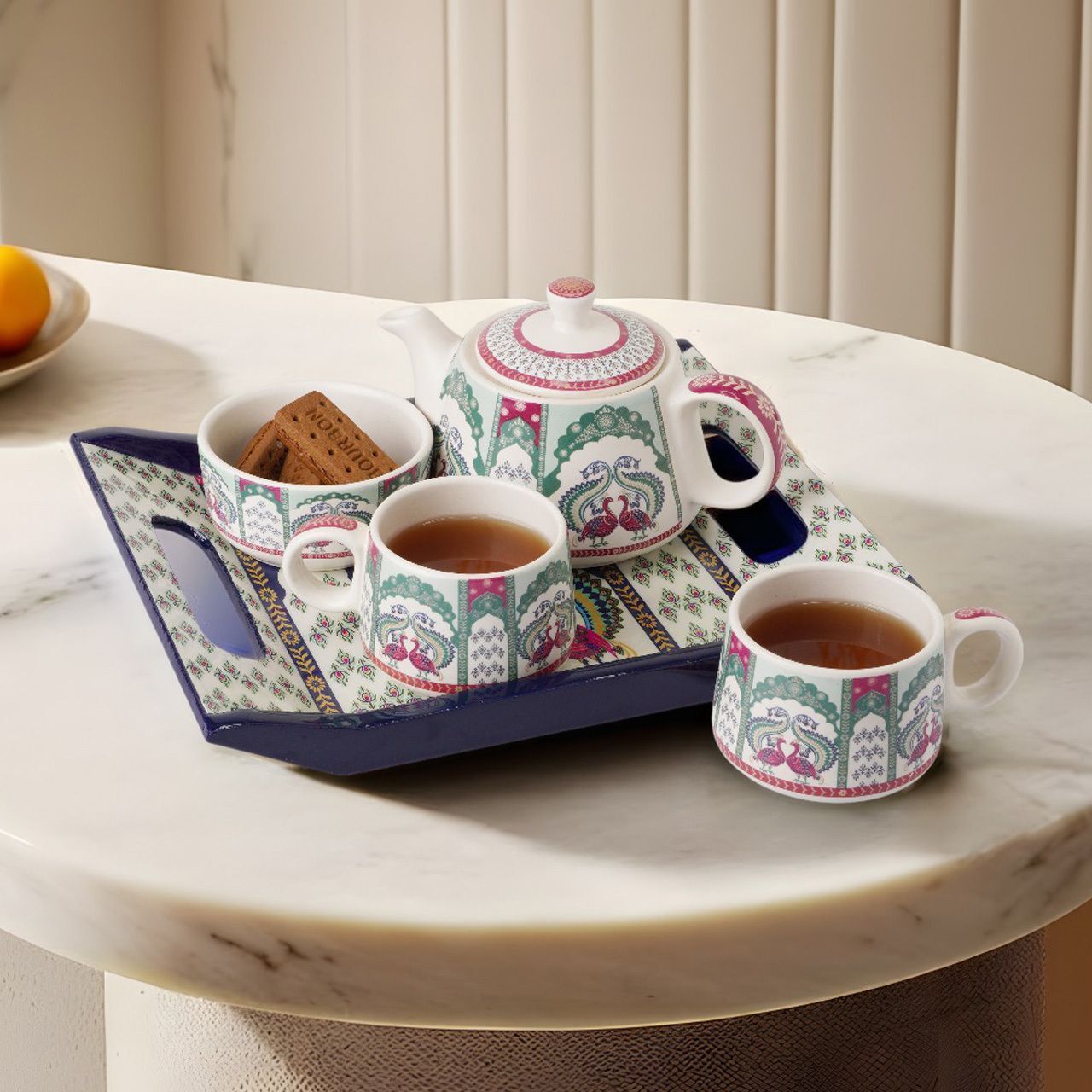 Pack of 5 Ceramic Premium Ceramic Tea Set – 1 Kettle, 2 Cups, 1 Bowl & 1 Tray