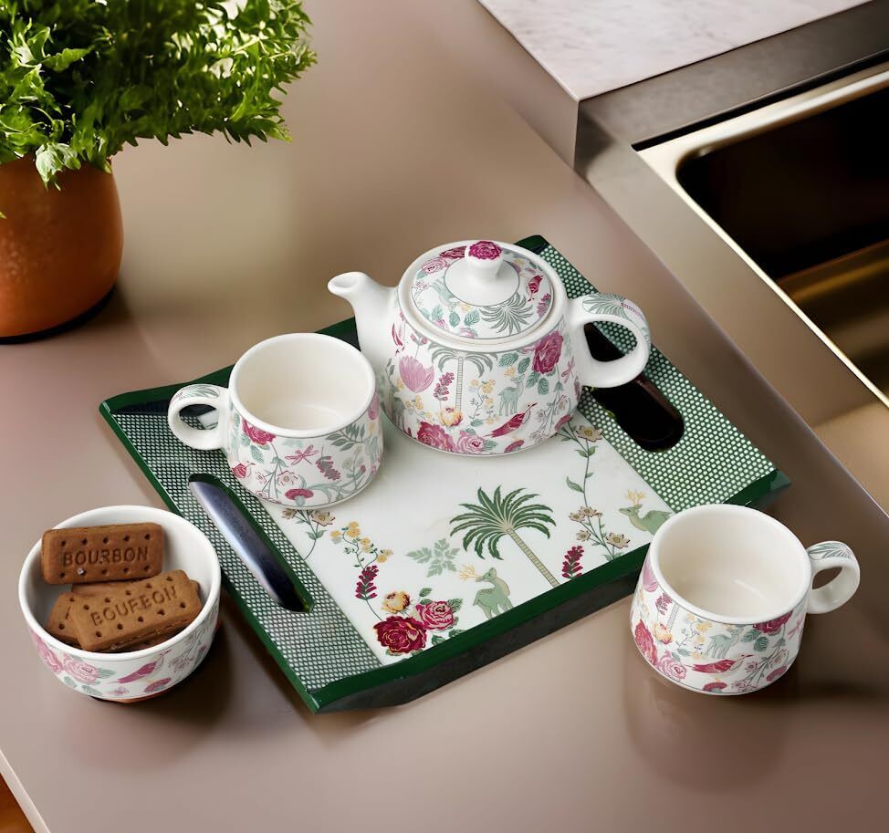 Pack of 4 Ceramic Floral Print Ceramic Tea Set with Tray – 1 Kettle, 2 Cups, 1 Bowl