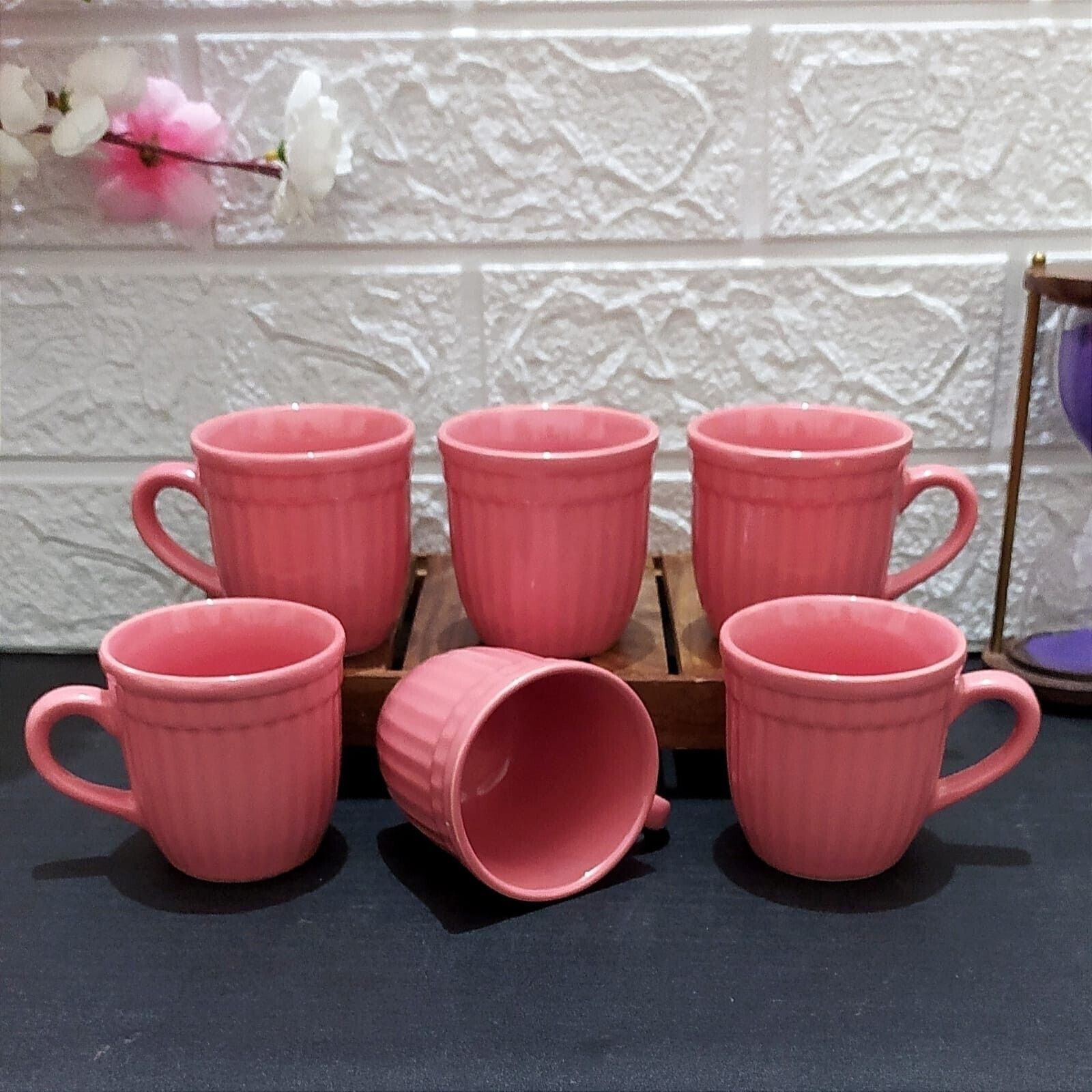 aav world Pack of 6 Ceramic BLOSSOM ADORABLE PINK CUPS IN LINE-picture-12