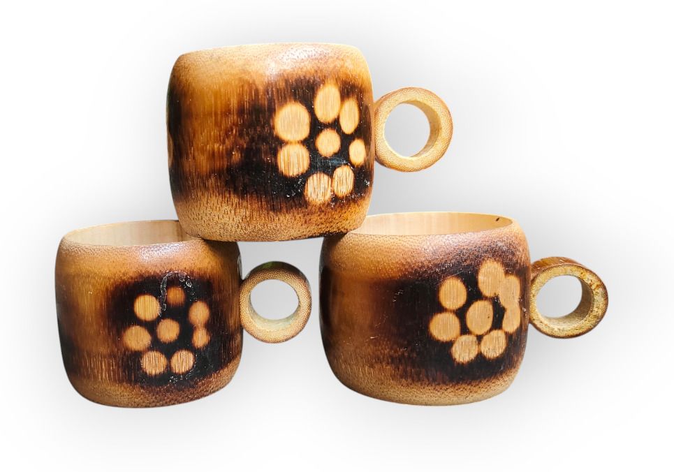 haksap Bamboo Handcrafted Bamboo Tea Cups with Floral Design, Set of 3, Natural Brown-picture-27