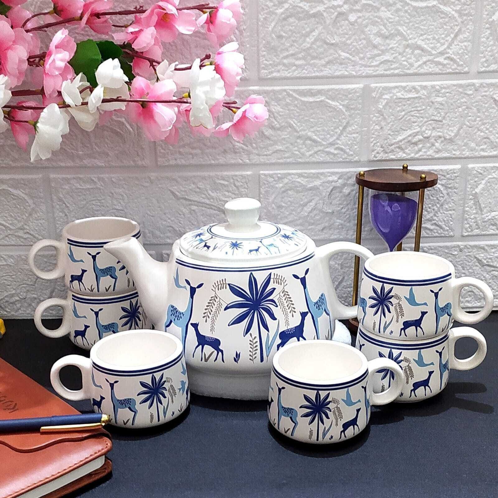 aav world cup Pack of 7 Ceramic Blue Deer Design Tea Cup Set With Kettle-picture-17