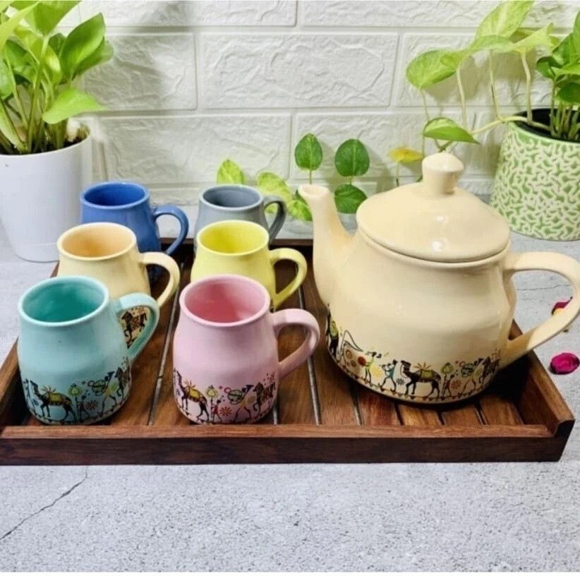 Ceramic Elephnat multicolour Design Tea Cup Set With Kettle-image-42