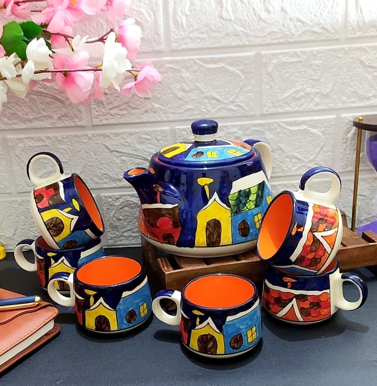 aav world Ceramic HUT ART HAND PRINTED KETTLE AND CUP 1 KETTLE AND 6 CUP SET-picture-40