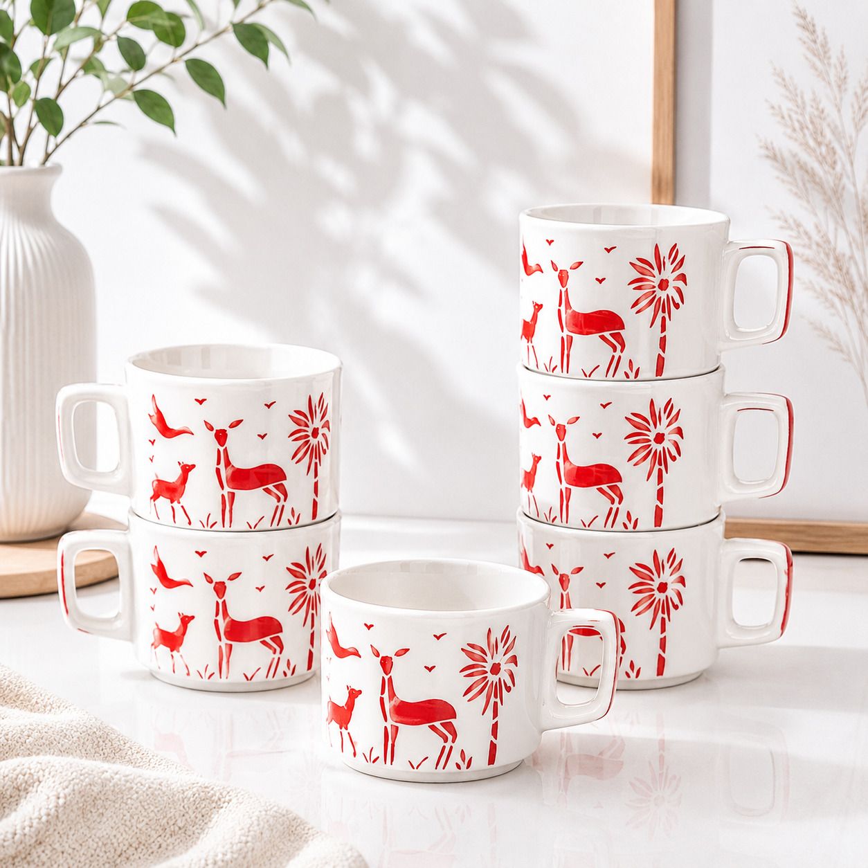 d'maiolica Ceramic Hand Painted Red Deer Design Tea Coffee Mug Set of 6, Designer Beverage Cups-picture-17