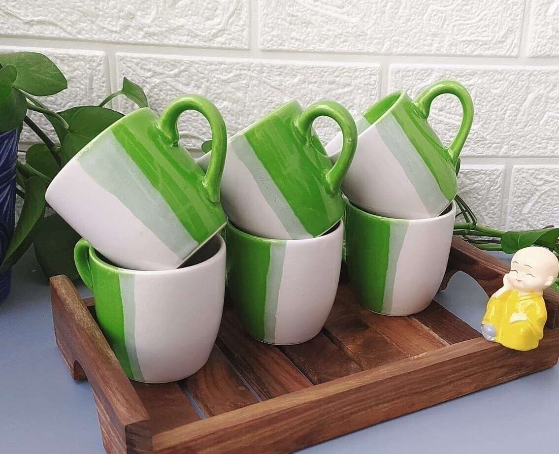 aav world Pack of 6 Ceramic ENGLISH DOUBLE SHED CUP ( WHITE AND GREEN, 6 CUPS SET)-picture-31