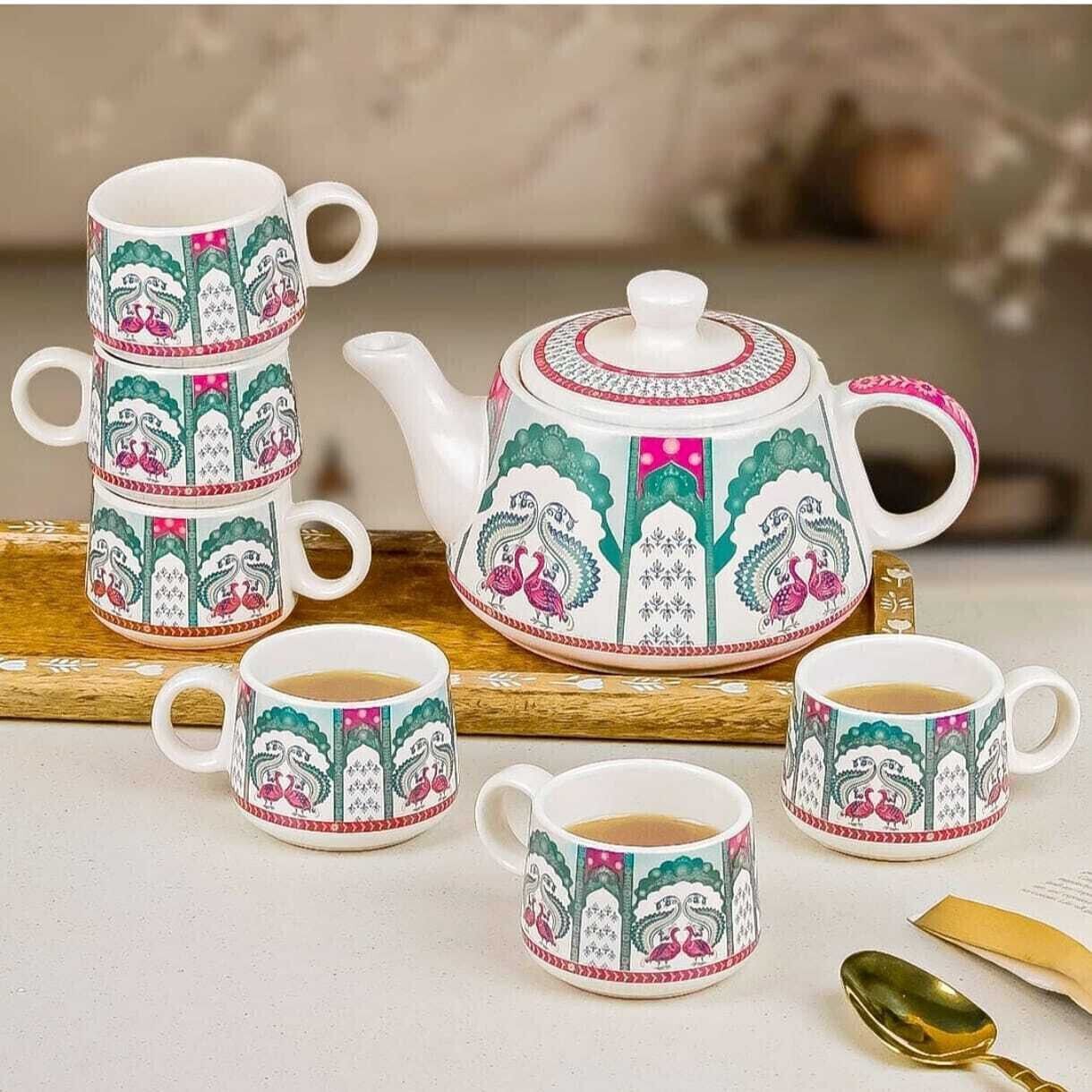 aav world cup Pack of 7 Ceramic peacock Tea set with kettle ( pack of 6 cup and 1 kettle)-picture-11