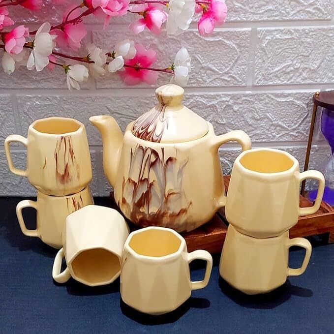 edencart Pack of 7 Ceramic Premium Marble Finish Tea Kettle & Cup Set | 950ml Teapot with 6 Matching Cups-picture-2