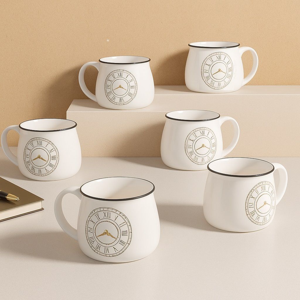 Pack of 6 Bone China Tea Cup Set of 6 150ml Each Capacity | Clock Print | Microwave & Dishwasher Safe