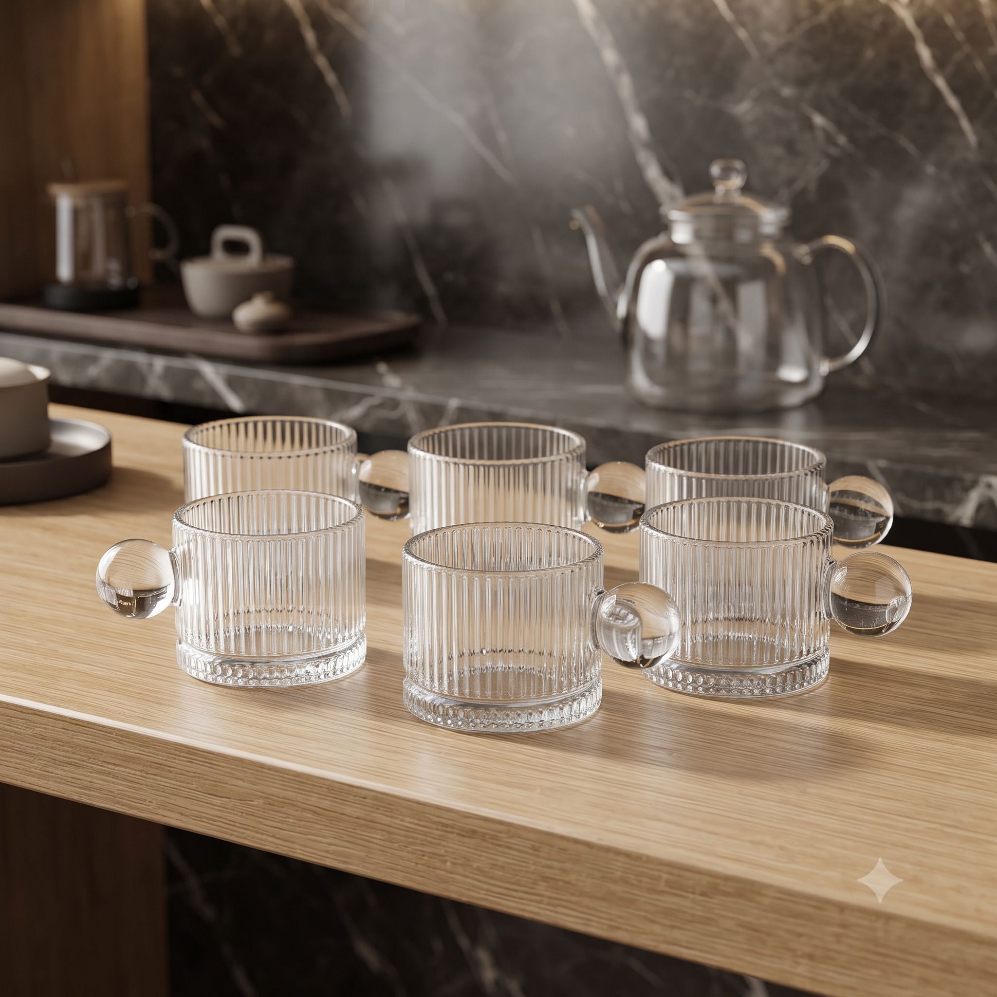 Pack of 6 Glass Premium Ribbed Glass Tea Cups with Round Ball Handle for Home Kitchen-image-27