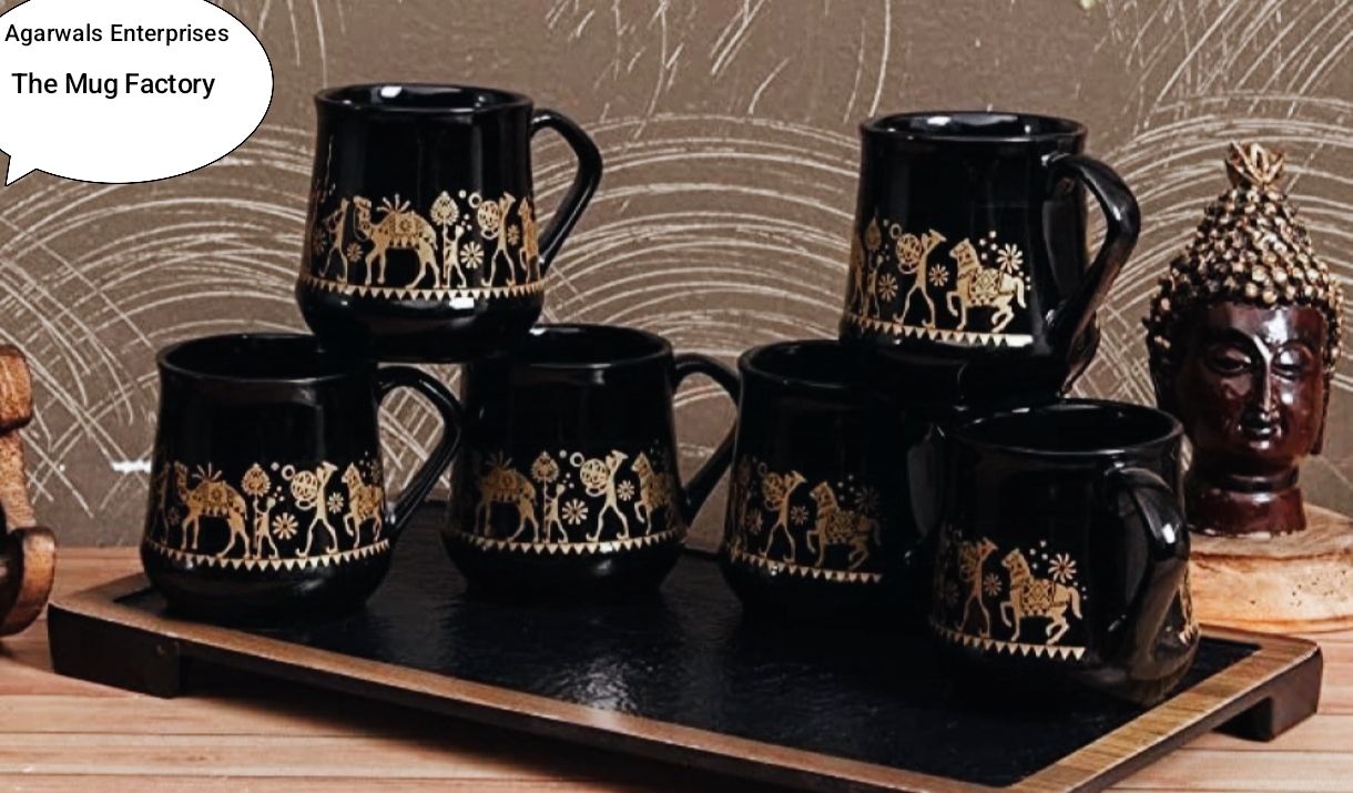 Pack of 6 Ceramic Pack of 6 Ceramic ElephantGold Tribal Artwork Ceramic Black Cups- Set
