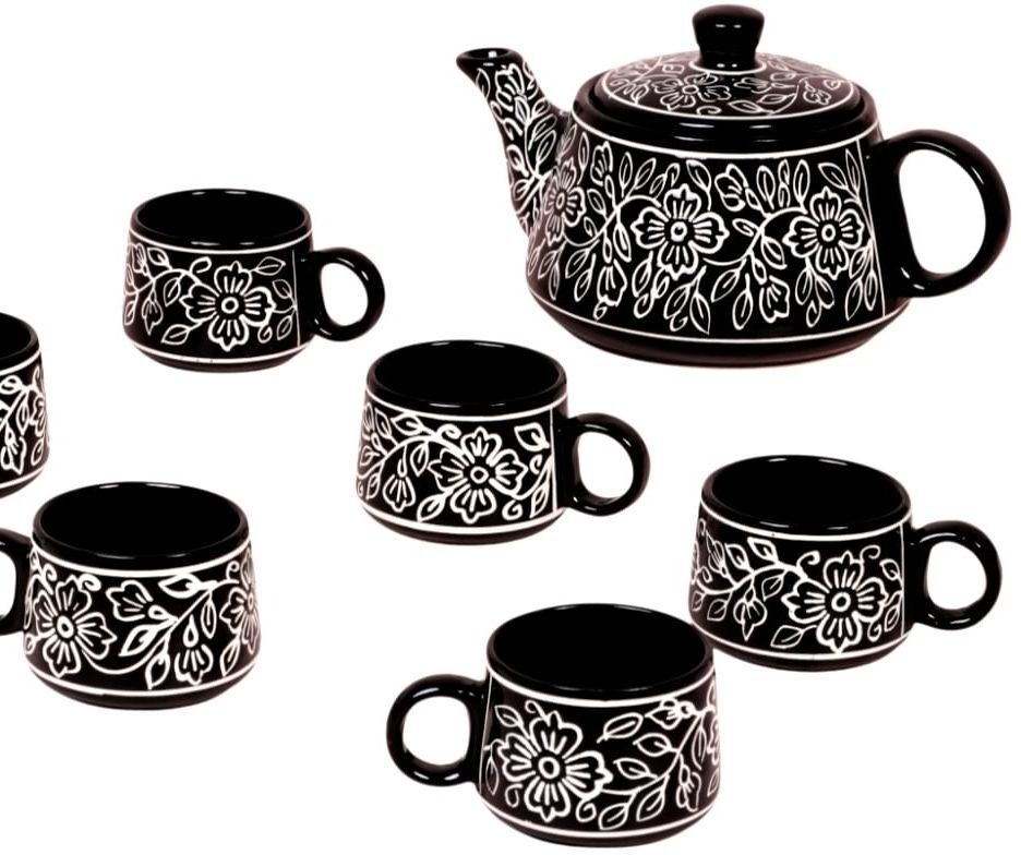 Pack of 7 Ceramic black Mughal Tea set with kettle ( pack of 6 cup and 1 kettle)-image-26
