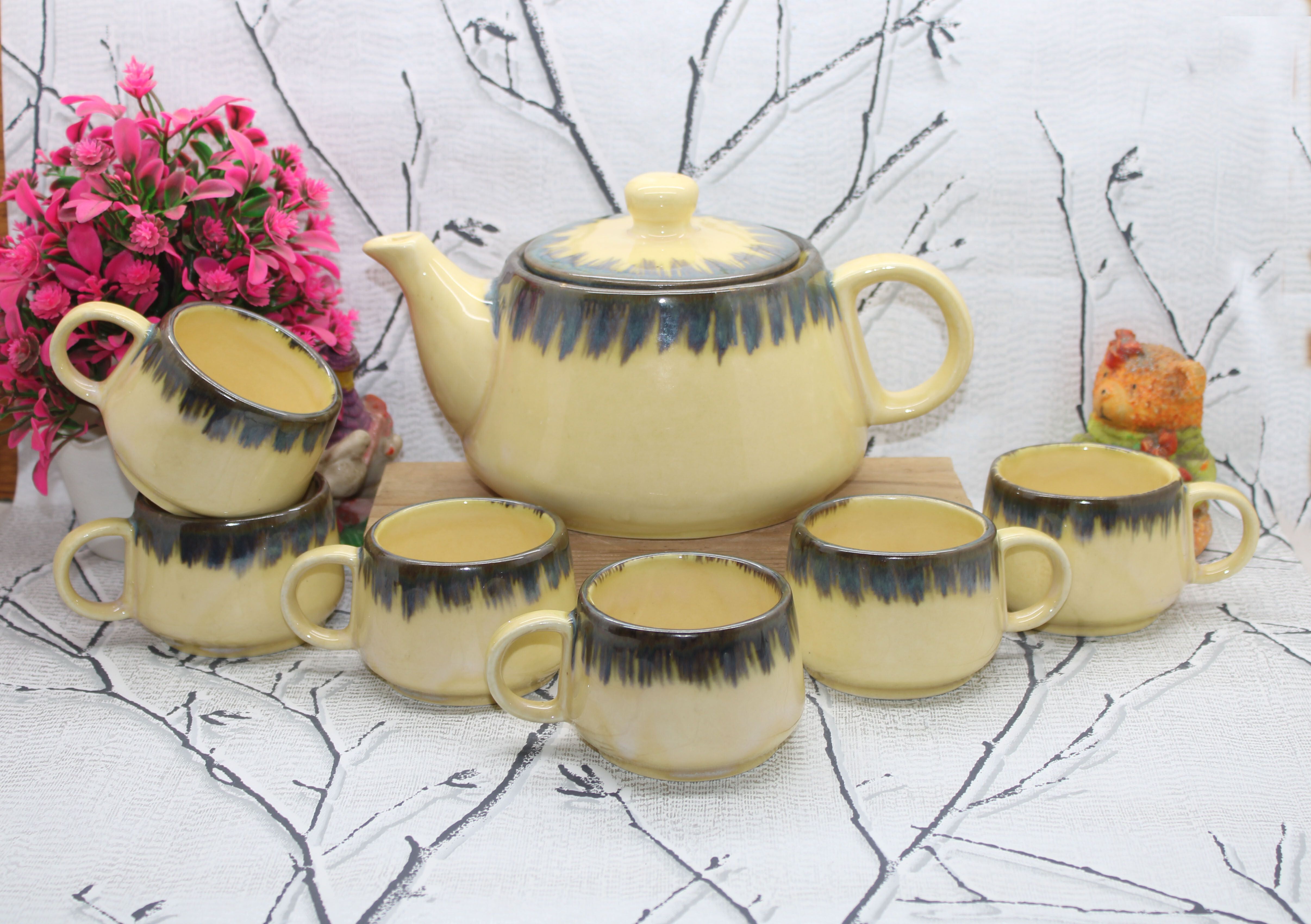 Pack of 7 Ceramic Coffee Tea Kettle Chai Cups set Antique Colour flow 1 Kettle 875 ML 6 cup 125 ML-image-30