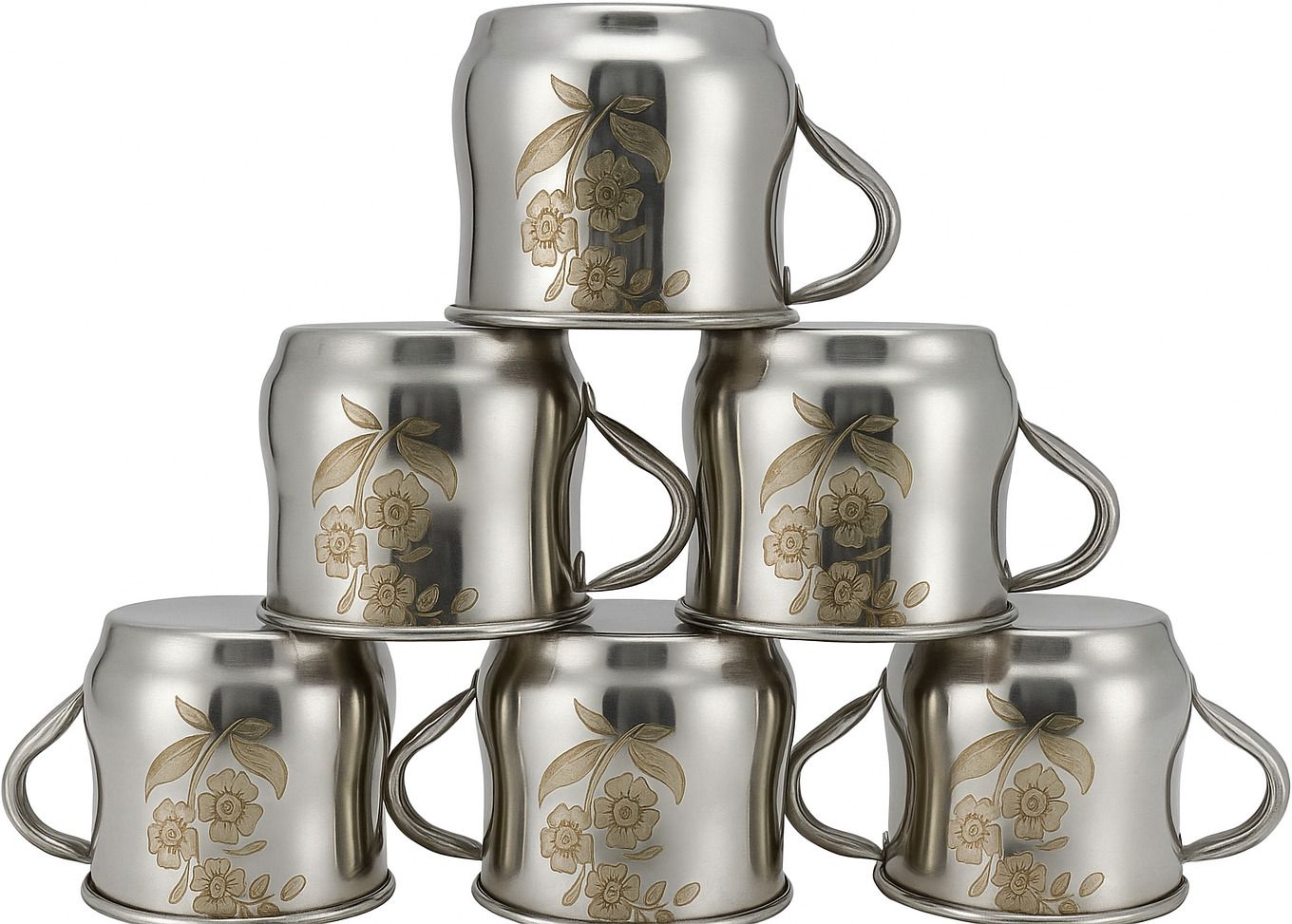 kitchen x Pack of 6 Stainless Steel Stainless Steel Coffee Tea Cups Set of 6 | Durable Floral Design Cups-picture-10