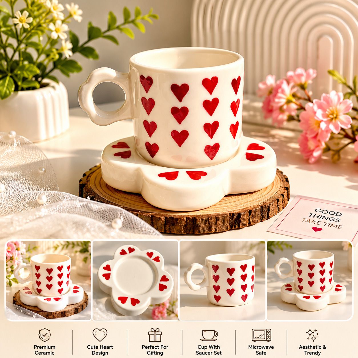 taj trader Pack of 2 Ceramic Heart Design Ceramic Coffee Mug with Saucer Set Cute Gift Cup 280 ml-picture-47
