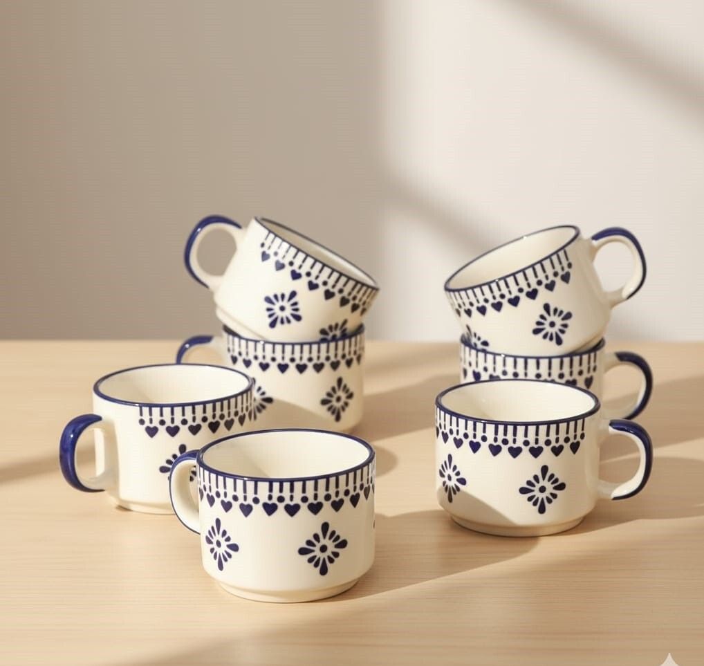 Pack of 6 Stoneware BLUE FLORAL HEART DESIGN TEA CUP SET