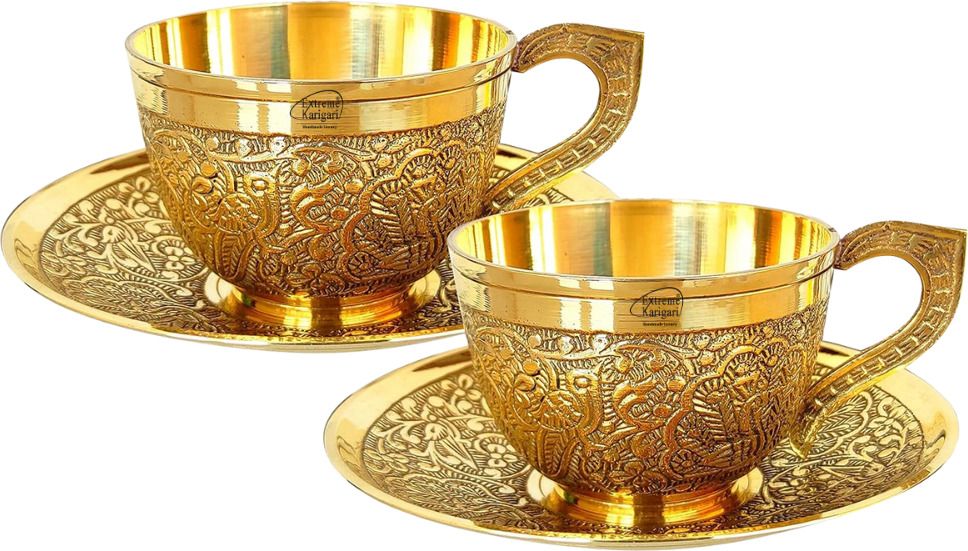 Pack of 2 Brass Brass Tea Cup and Saucer Set with Engraved Design-image-45