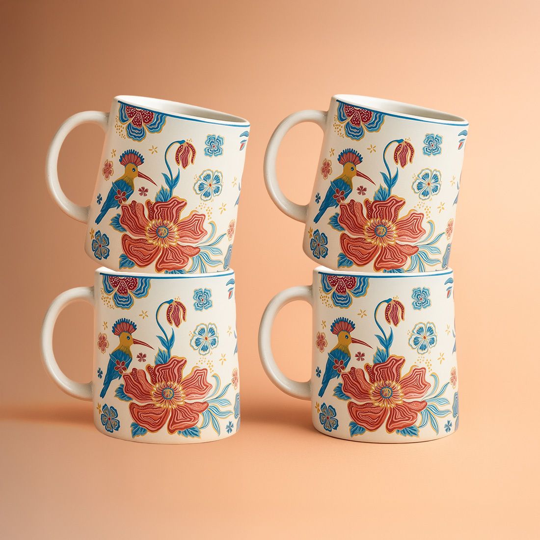 Pack of 4 Ceramic Ceramic Coffee/Tea Mug Set – 350 ml, Cream Base Floral & Bird Print