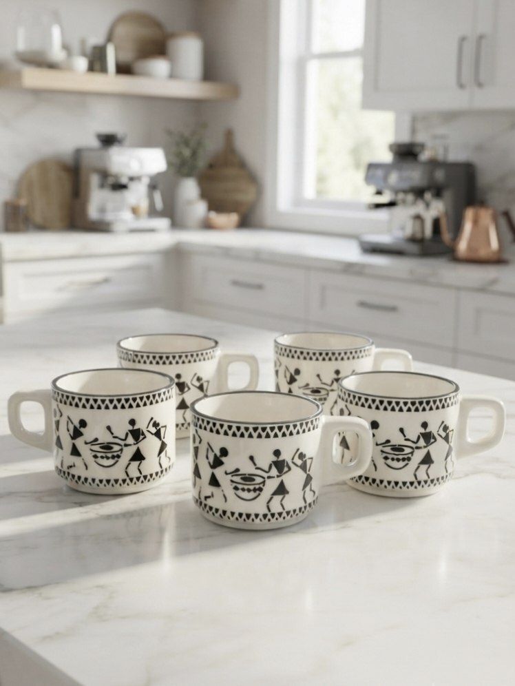raahi enterprise Pack of 6 Ceramic Premium Ceramic Tea & Coffee Mug Set of 6 | Tribal Warli Print | 150 ml |-picture-32
