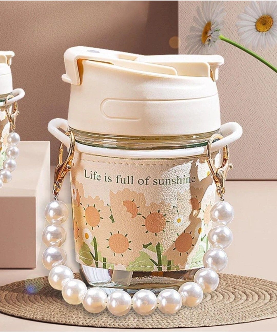 abc Pack of 1 Glass, Plastic Life is Full of Sunshine" Designer With Glass Tumbler Pearl Handle 350ML-picture-13