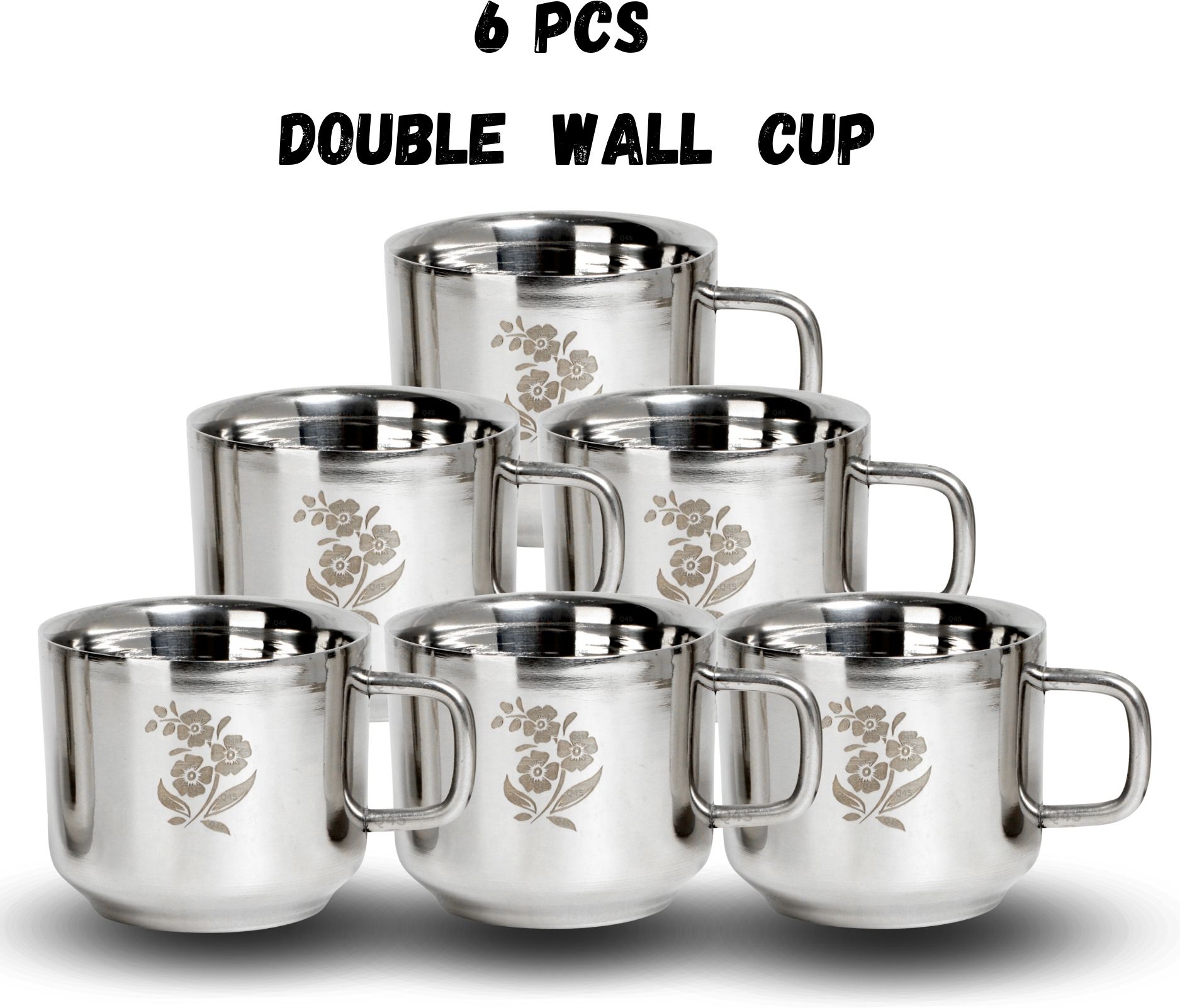 Pack of 6 Stainless Steel cup Double Wall cups , Flower Laser chai coffee tea cup