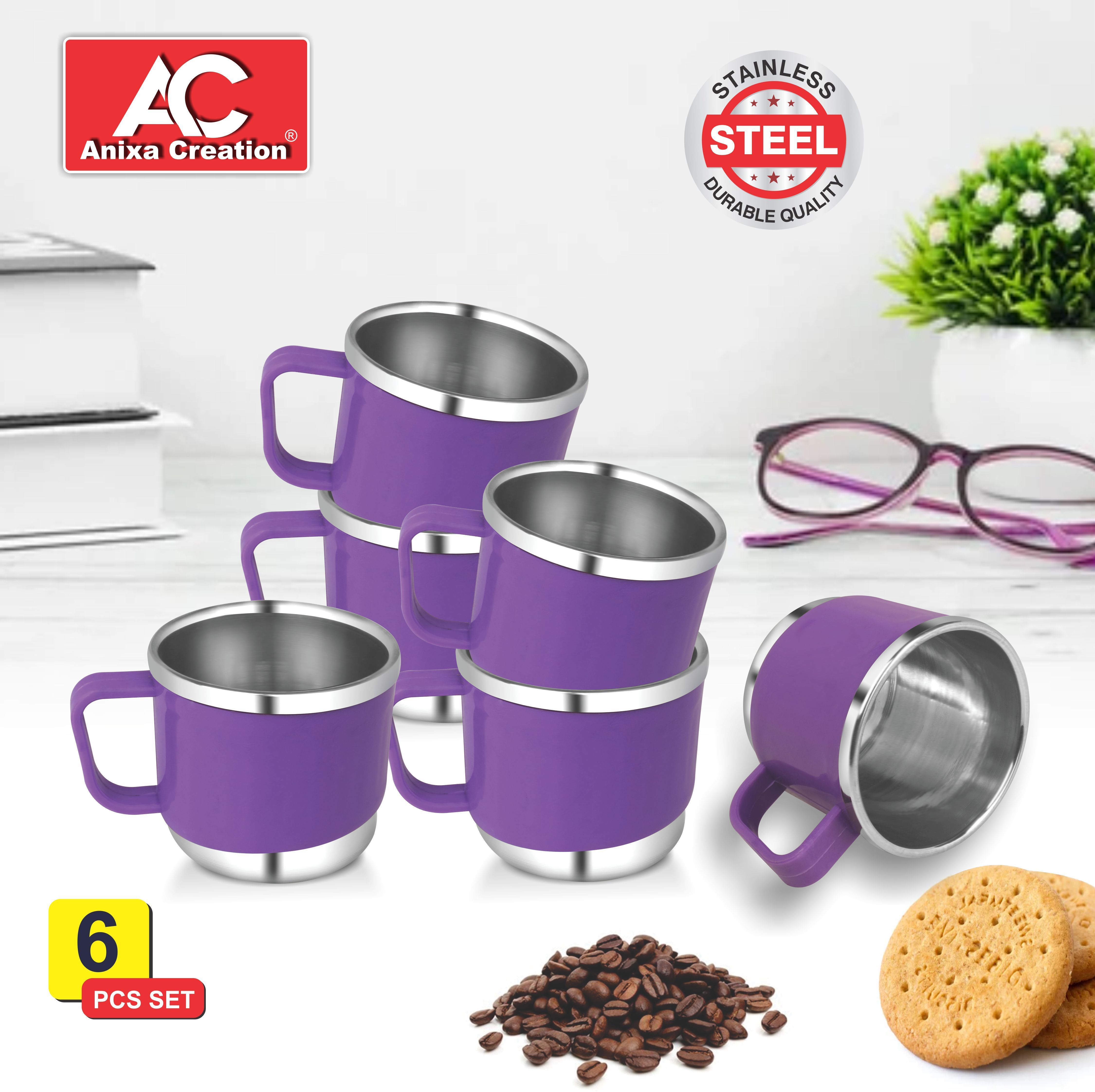 anixa creation Pack of 6 Stainless Steel, Plastic Tea cups | Stainless Steel tea cup set of 6 | Outer Plastic | Coffee Mug-picture-15
