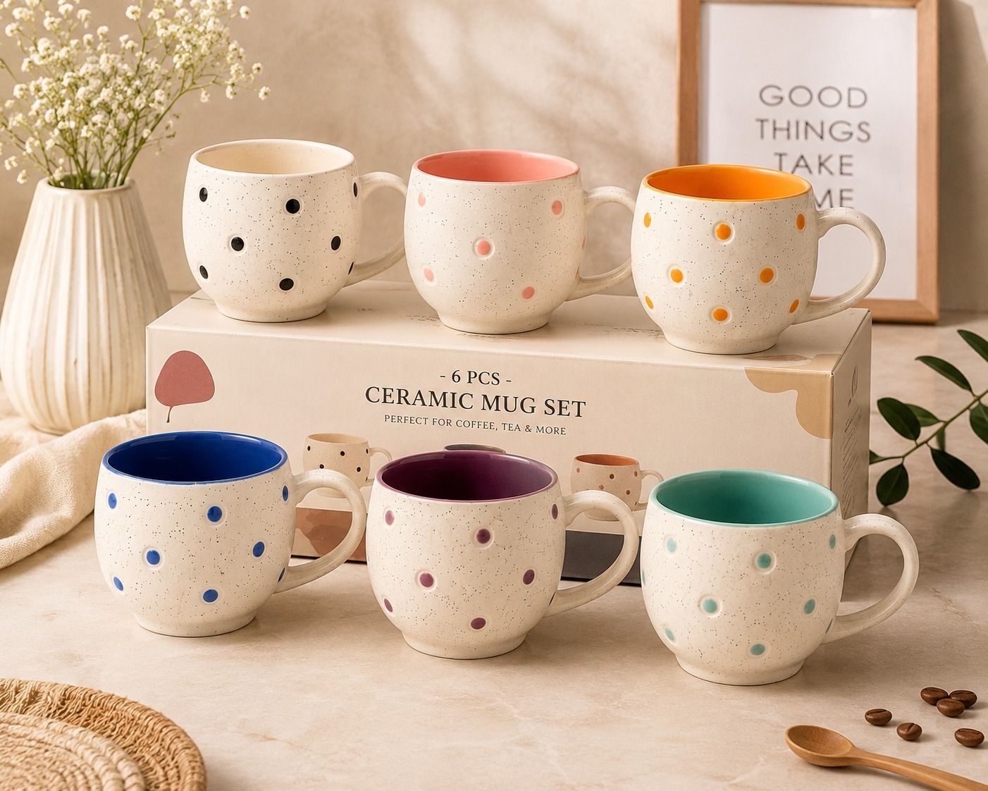 royes creations Pack of 6 Ceramic Dotted Multicolor Cups-picture-17