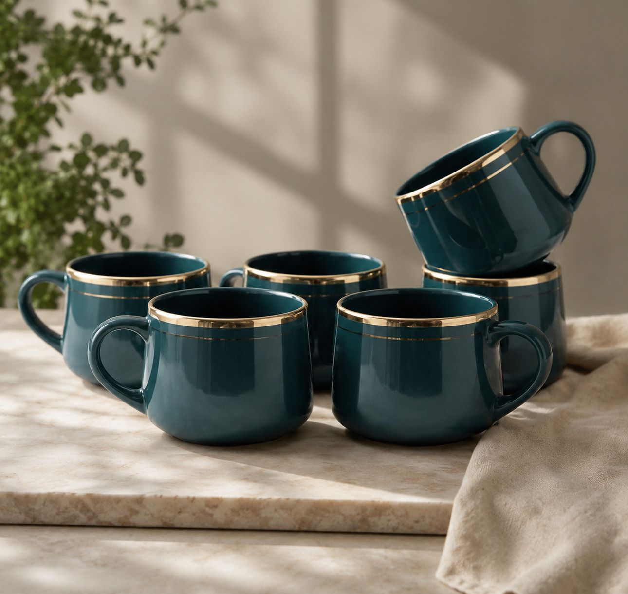 abdul traders Pack of 6 Ceramic Premium Ceramic Coffee Mug Set of 6 Dark Green Gold Rim Tea Cup Set-picture-19