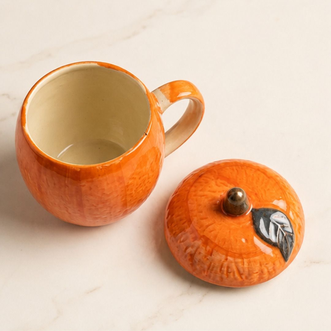 Pack of 1 Ceramic FARIYA Handcrafted Ceramic Coffee Mug with Lid | Premium Orange Designer Tea Cup-picture-33
