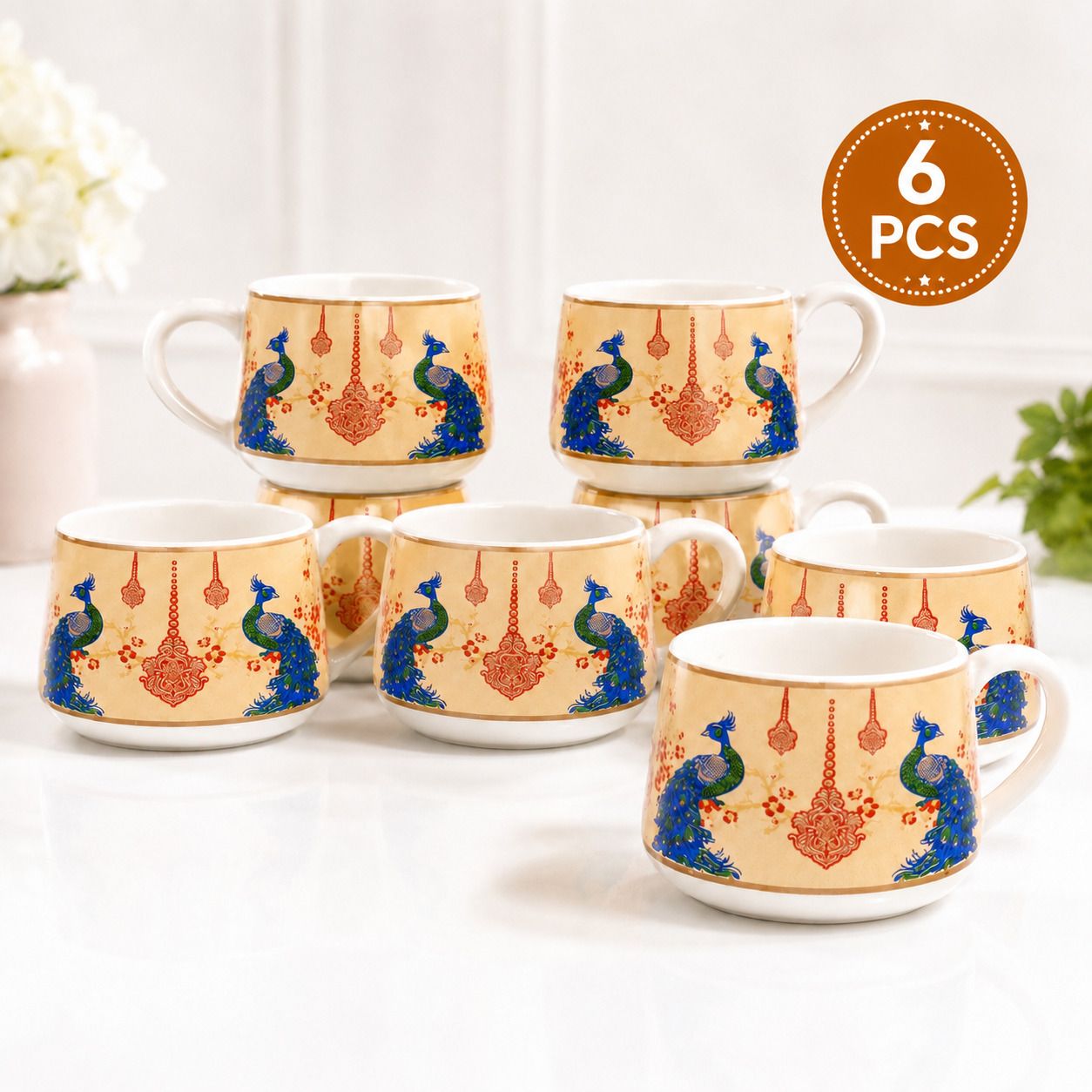 diamondceramics Pack of 6 Ceramic DIAMOND CERAMICS Peacock Print Premium Ceramic Tea & Coffee Cup Set | 6 PCS-picture-14
