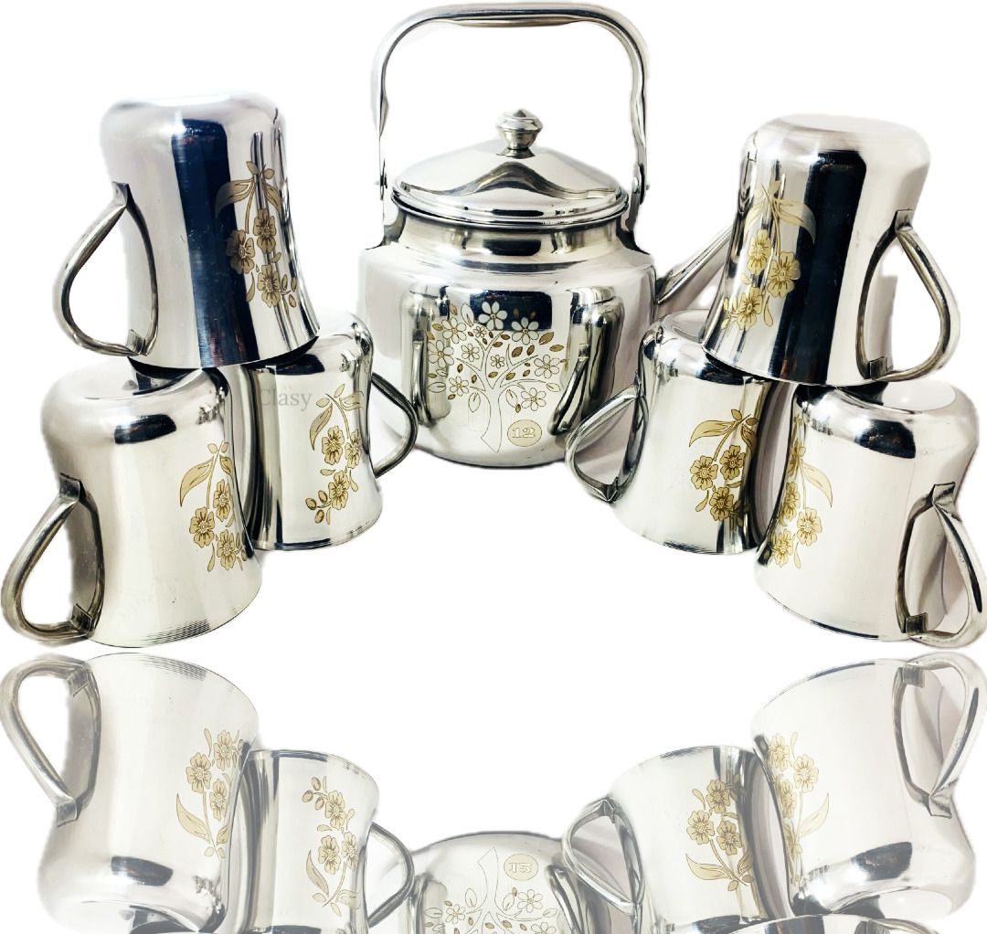 Pack of 7 Stainless Steel Tea Kettle With 6 Tea/Coffee Cup Laser Prnted Mirror Polish-image-11