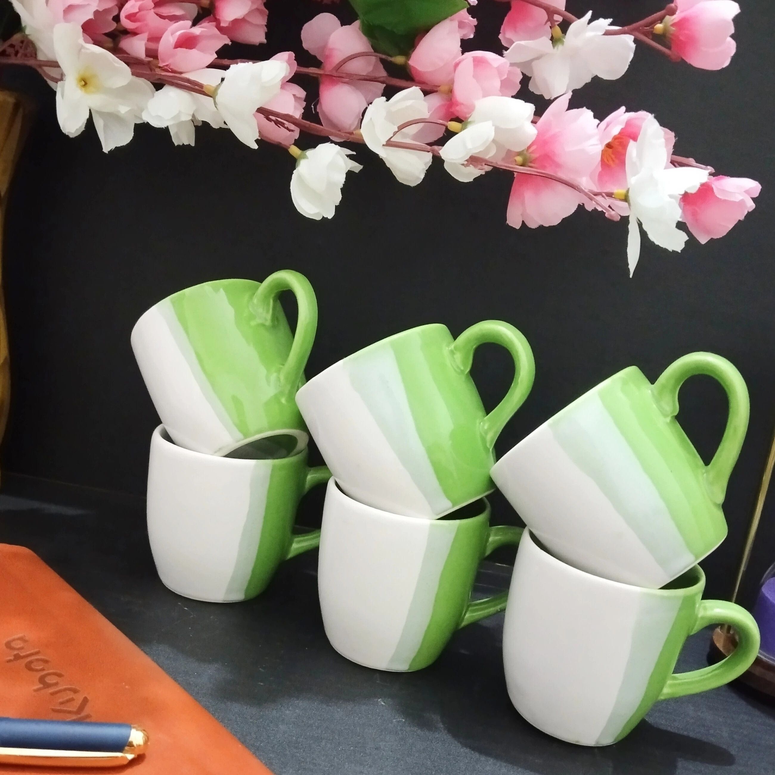 cupaav Pack of 6 Ceramic DOUBLE TONE SHED CUP ( WHITE AND GREEN, 6 CUPS SET)-picture-40