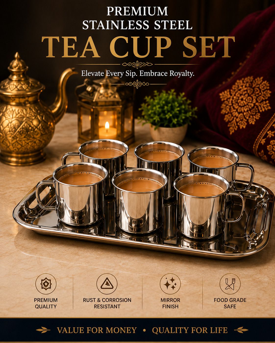 Pack of 7 Stainless Steel Stainless Steel Tea Cup Set with Serving Tray | 6 Cups Combo-image-37