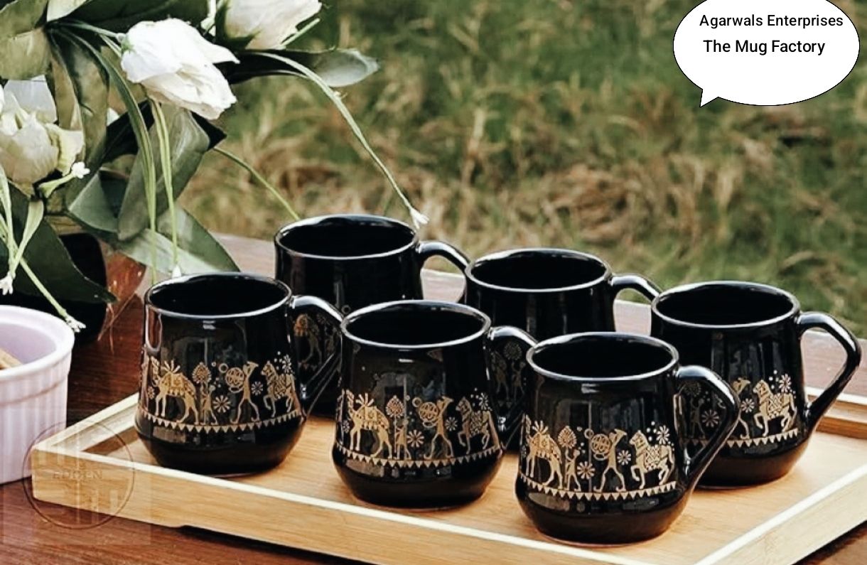 Pack of 6 Ceramic Pack of 6 Ceramic ElephantGold Tribal Artwork Ceramic Black Cups- Set-image-29