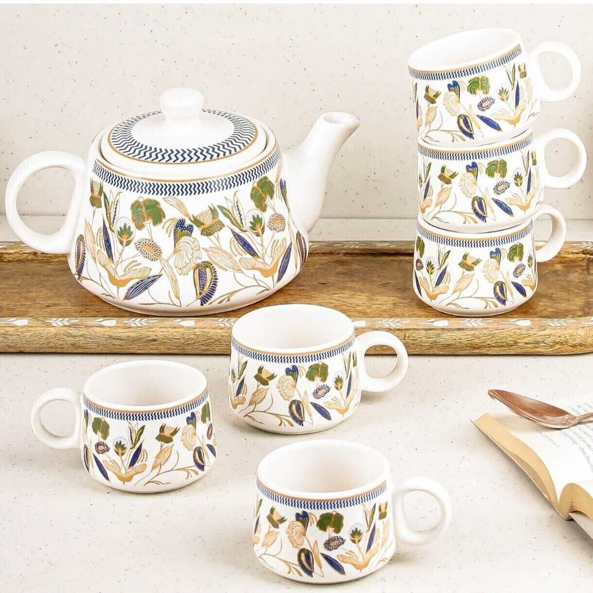 aav world cup Pack of 7 Ceramic flower Tea set with kettle ( pack of 6 cup and 1 kettle)-picture-28