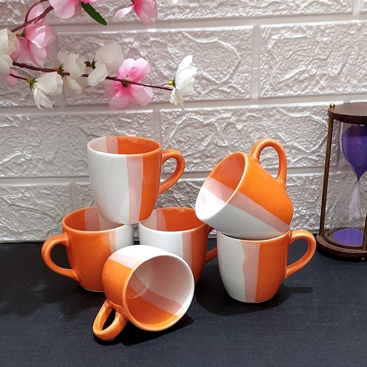 aav world Pack of 6 Ceramic ORNAGE TRIPLE SHED IN U TONE CUP (6 CUPS SET)-picture-38