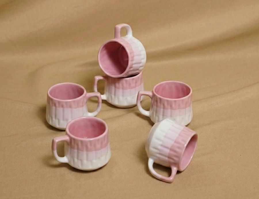 thekanikadecor Pack of 6 Ceramic Soft Pink and White Layered Cup Set-picture-25