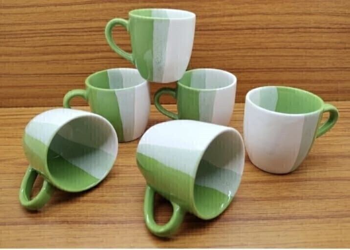 aav world Pack of 6 Ceramic DOUBLE SHED GREEN AND WHITE ( 6 CUPS SET)-picture-43