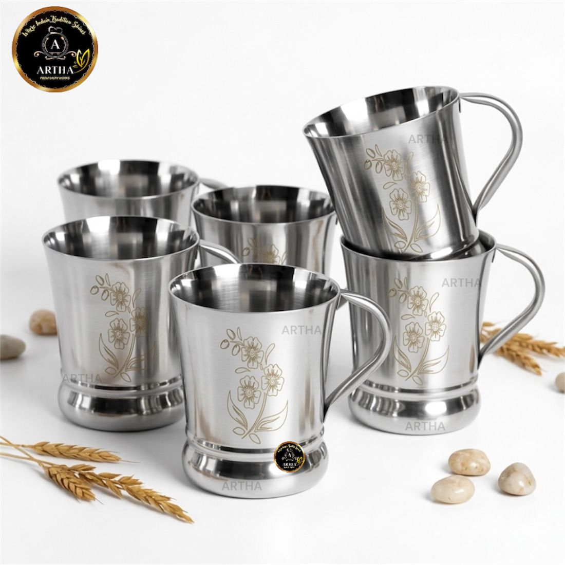artha Pack of 6 Stainless Steel Modern Design 6 S.Steel Mirror Polished and Laser Printed Cups 250 ml Capacity-picture-17