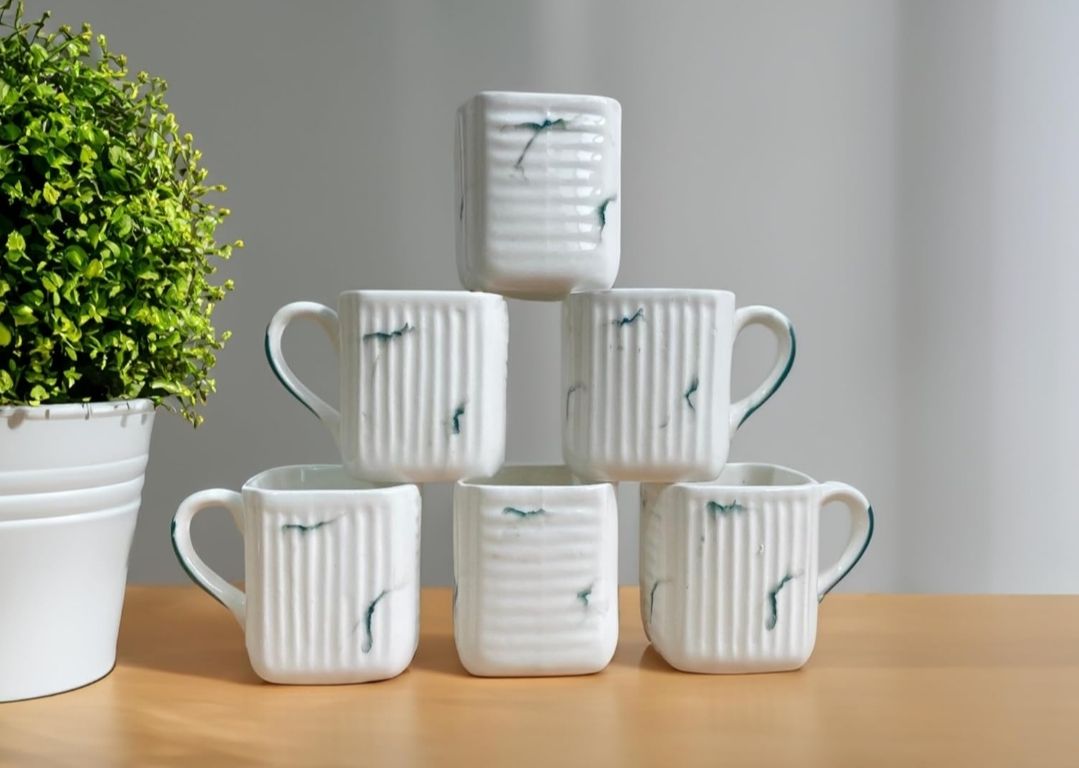 ktc Pack of 6 Ceramic Elegant White Line Square Shape Tea Cups-picture-21